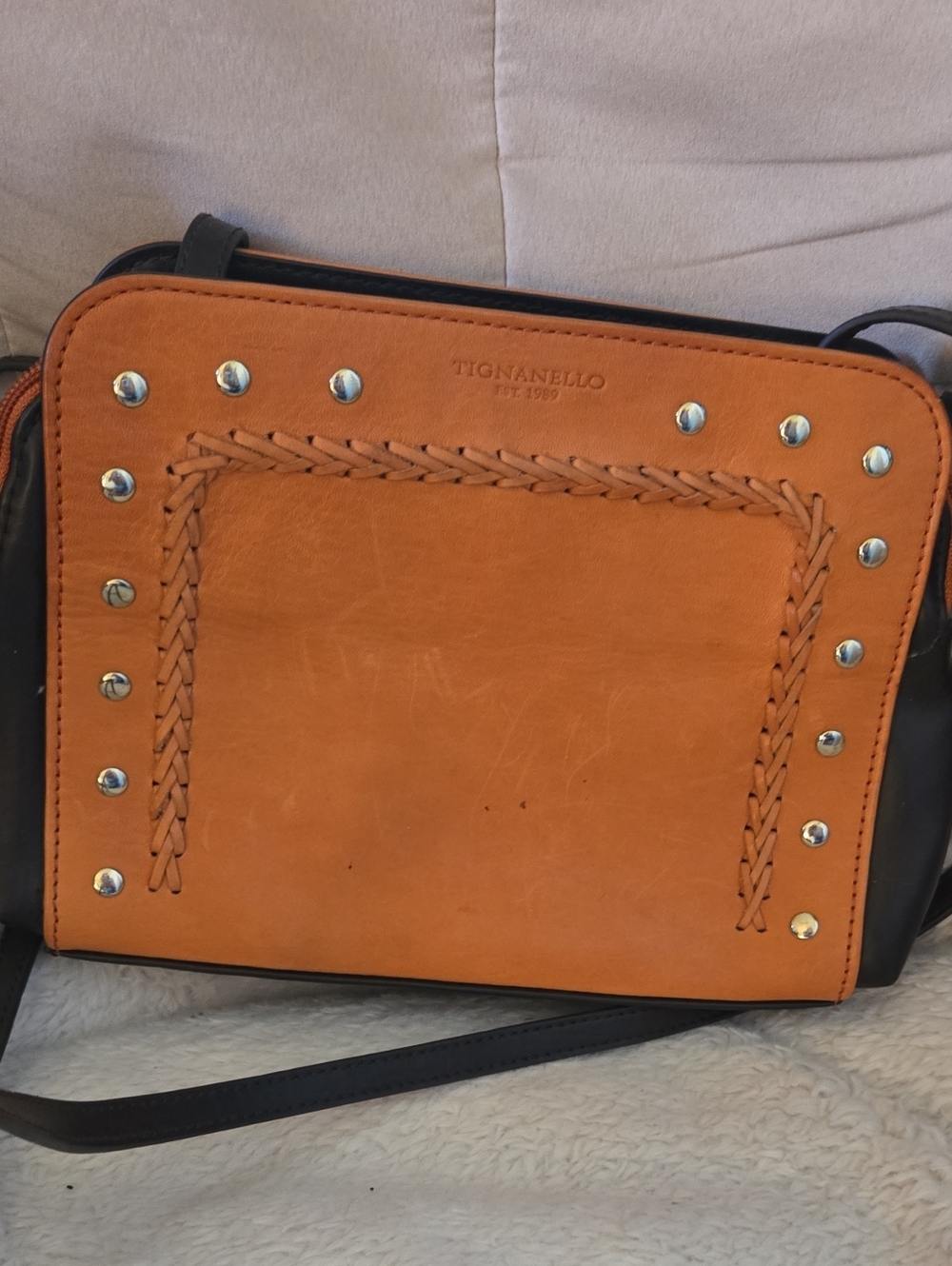 Tignanello Tan and Black Studded Leather Messenger